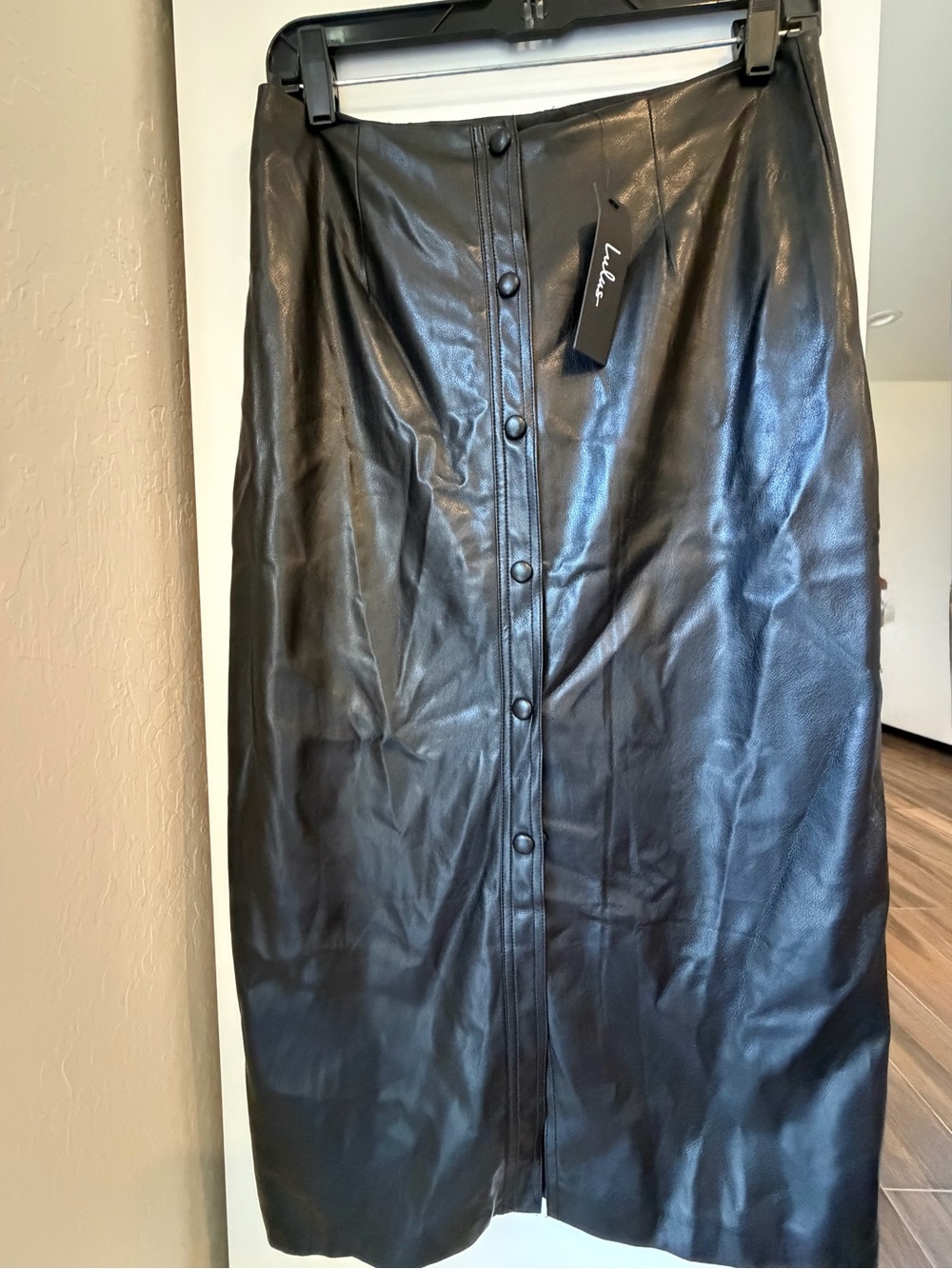 Lulu's Black Faux Leather Button-Front Midi Skirt